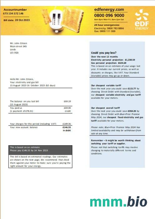 Wielka Brytania EDF energia energia elektryczna i gaz narzędzie bill Word i PDF formaty